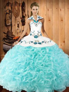 Fabric With Rolling Flowers Sleeveless Floor Length 15th Birthday Dress and Embroidery