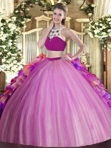 Best Lilac Two Pieces Beading and Ruffles Quinceanera Dress Backless Tulle Sleeveless Floor Length