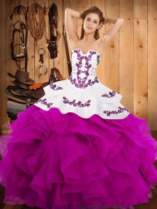 Designer Floor Length Fuchsia Quinceanera Dresses Satin and Organza Sleeveless Embroidery and Ruffles