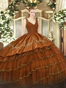 Simple Floor Length Rust Red Quinceanera Gown Organza and Taffeta Sleeveless Beading and Lace and Embroidery and Ruffled Layers