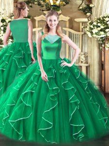 Beading and Ruffles Quinceanera Gown Turquoise Side Zipper Sleeveless Floor Length