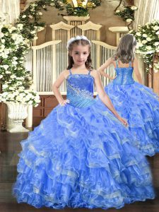 Baby Blue Sleeveless Beading and Ruffled Layers Floor Length High School Pageant Dress