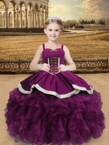 Affordable Purple Lace Up Straps Beading and Ruffles Pageant Gowns For Girls Organza Sleeveless