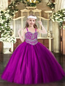 Unique Fuchsia Ball Gowns Straps Sleeveless Tulle Floor Length Lace Up Beading Custom Made Pageant Dress