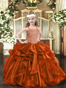 Custom Design Rust Red Child Pageant Dress Sweet 16 and Quinceanera with Beading and Embroidery and Ruffles Straps Sleeveless Lace Up