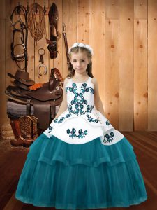 Teal Sleeveless Tulle Lace Up Little Girl Pageant Dress for Sweet 16 and Quinceanera