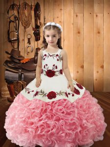 Ball Gowns Pageant Dress Wholesale Pink Straps Fabric With Rolling Flowers Sleeveless Lace Up