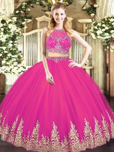 Gorgeous Hot Pink Sleeveless Tulle Zipper Quinceanera Gowns for Military Ball and Sweet 16 and Quinceanera