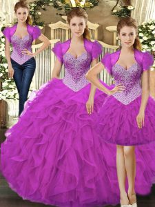 Dramatic Fuchsia Quinceanera Gowns Military Ball and Sweet 16 and Quinceanera with Beading and Ruffles Straps Sleeveless Lace Up