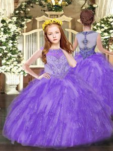 Floor Length Lavender High School Pageant Dress Tulle Sleeveless Beading and Ruffles