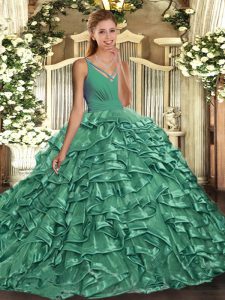 V-neck Sleeveless Backless Quinceanera Dresses Apple Green Organza