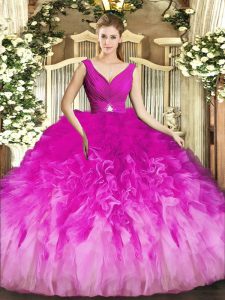 Fuchsia Ball Gowns V-neck Sleeveless Tulle Floor Length Backless Beading and Ruffles Sweet 16 Dress