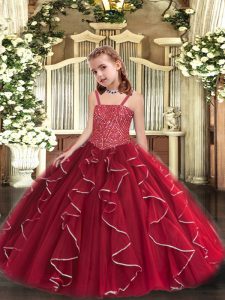 Eye-catching Straps Sleeveless Tulle Pageant Gowns For Girls Beading and Ruffles Lace Up