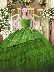 Olive Green Zipper 15th Birthday Dress Ruffled Layers Sleeveless Floor Length