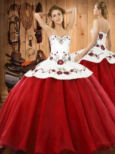 Vintage Wine Red Satin and Tulle Lace Up 15th Birthday Dress Sleeveless Floor Length Embroidery