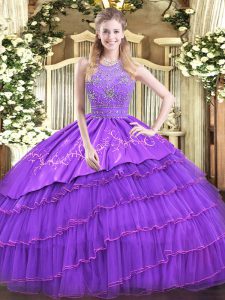 Stylish Lavender Sleeveless Floor Length Beading and Embroidery and Ruffled Layers Zipper Sweet 16 Dress