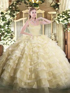 Gold Zipper Ball Gown Prom Dress Beading and Ruffled Layers Sleeveless Floor Length