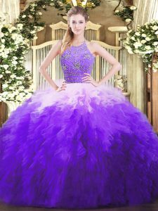 Elegant Multi-color Zipper Halter Top Beading and Ruffles Ball Gown Prom Dress Tulle Sleeveless