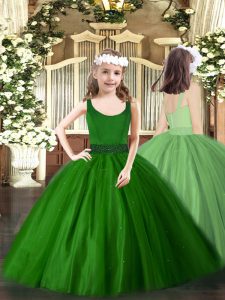 Dark Green Tulle Zipper Little Girls Pageant Dress Wholesale Sleeveless Floor Length Beading