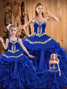 Elegant Royal Blue Organza Lace Up Sweetheart Sleeveless Floor Length Quinceanera Dress Embroidery and Ruffles