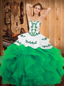 Beauteous Strapless Sleeveless 15th Birthday Dress Floor Length Embroidery and Ruffles Green Satin and Organza