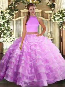 Lilac Organza Backless Halter Top Sleeveless Floor Length Quinceanera Dresses Beading and Ruffled Layers