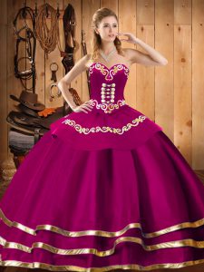 Hot Selling Sleeveless Organza Floor Length Lace Up Quinceanera Dresses in Fuchsia with Embroidery