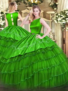 Fashion Sleeveless Organza Floor Length Clasp Handle Sweet 16 Dresses in Green with Embroidery and Ruffled Layers