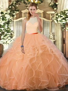 Peach Tulle Backless Quinceanera Dresses Sleeveless Floor Length Ruffles