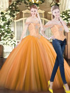 Extravagant Sleeveless Floor Length Beading Lace Up Vestidos de Quinceanera with Orange Red