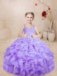 Floor Length Lace Up Little Girls Pageant Dress Lavender for Sweet 16 and Quinceanera with Beading and Ruffles