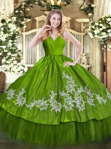 Olive Green Zipper Sweet 16 Dresses Embroidery Sleeveless Floor Length