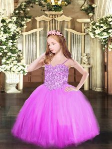 Lilac Ball Gowns Tulle Spaghetti Straps Sleeveless Appliques Floor Length Lace Up Pageant Dresses