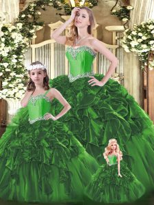 Green Ball Gowns Organza Sweetheart Sleeveless Beading and Ruffles Floor Length Lace Up 15th Birthday Dress