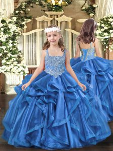 Straps Sleeveless Lace Up Child Pageant Dress Baby Blue Organza