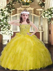 Sleeveless Floor Length Beading and Ruffles Lace Up Custom Made Pageant Dress with Yellow Green