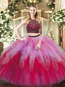 Free and Easy Multi-color Lace Up Quinceanera Gown Beading and Ruffles Sleeveless Floor Length