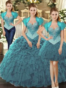 Teal Lace Up Straps Beading and Ruffles Quinceanera Dress Tulle Sleeveless