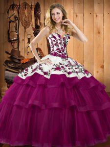 Sweetheart Sleeveless Sweet 16 Dresses Floor Length Embroidery Fuchsia Organza