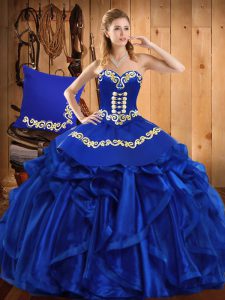 Delicate Royal Blue Sweetheart Lace Up Embroidery and Ruffles Quinceanera Dresses Sleeveless