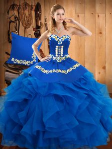 Exquisite Floor Length Blue Quinceanera Dresses Satin and Organza Sleeveless Embroidery and Ruffles