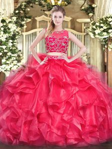 Exquisite Sleeveless Floor Length Beading and Ruffles Zipper 15th Birthday Dress with Red