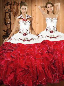 Floor Length Ball Gowns Sleeveless White And Red Sweet 16 Dresses Lace Up