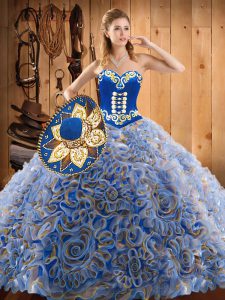 Multi-color Sleeveless Satin and Fabric With Rolling Flowers Sweep Train Lace Up 15 Quinceanera Dress for Military Ball and Sweet 16 and Quinceanera