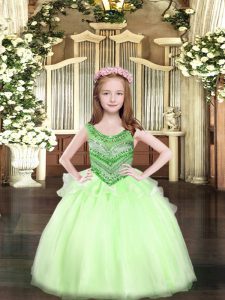 Floor Length Lace Up Kids Pageant Dress Apple Green for Party and Quinceanera with Beading