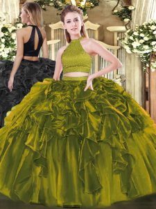 Deluxe Olive Green Organza Backless Sweet 16 Dress Sleeveless Floor Length Beading and Ruffles