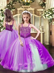 Superior Straps Sleeveless Pageant Dress for Teens Floor Length Beading Lilac Tulle