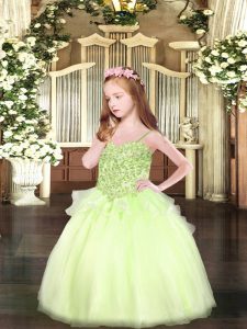 Latest Floor Length Yellow Green Little Girls Pageant Gowns Organza Sleeveless Appliques