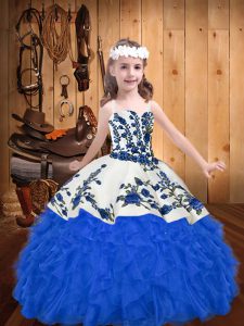 Custom Design Embroidery and Ruffles Little Girl Pageant Dress Blue Lace Up Sleeveless Floor Length