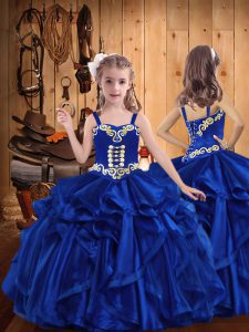 Perfect Royal Blue Ball Gowns Organza Straps Sleeveless Embroidery and Ruffles Floor Length Lace Up Custom Made Pageant Dress